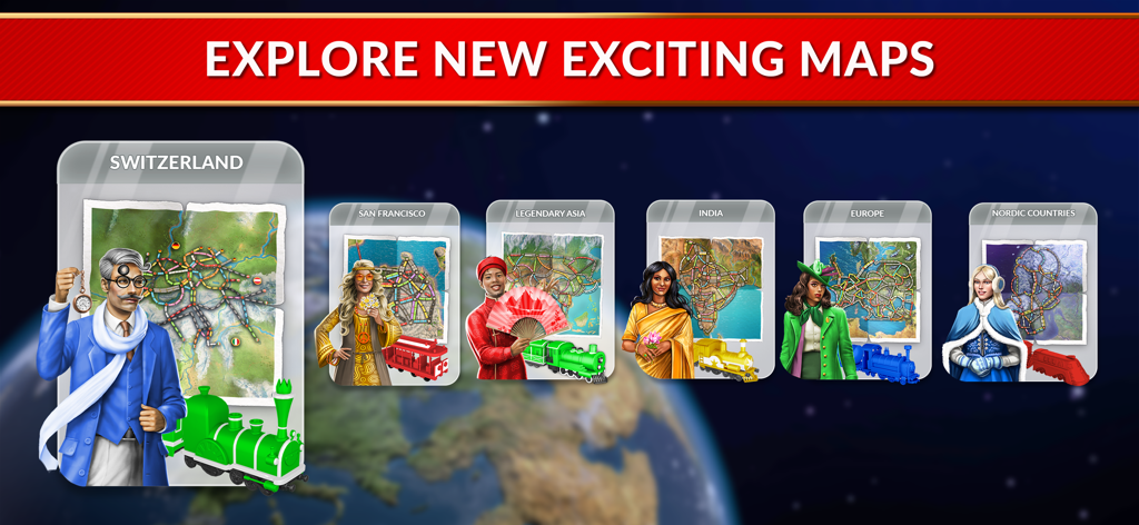 A selection of Ticket to Ride game maps including Switzerland India and Europe featuring unique character designs