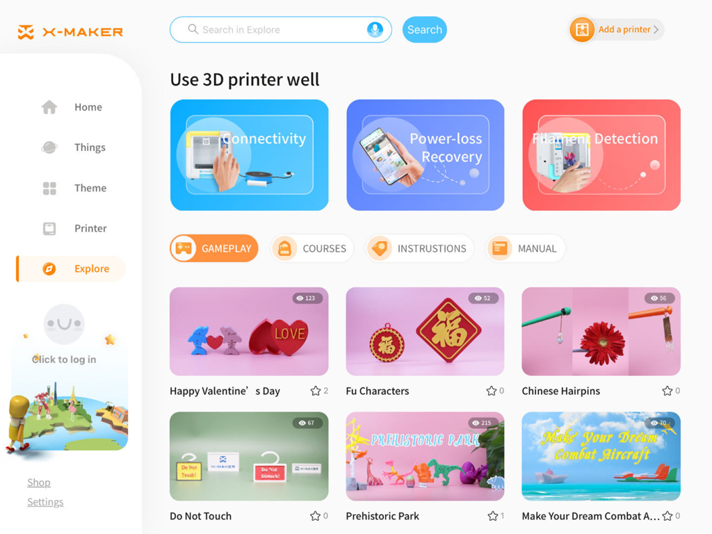 XMAKER HD - Interface of XMAKER HD app showing explore section with various 3D printing project categories and models
