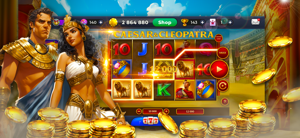 YOURE Casino - online slots - A Caesar and Cleopatra themed virtual slot machine with golden coins in the YOURE Casino app.