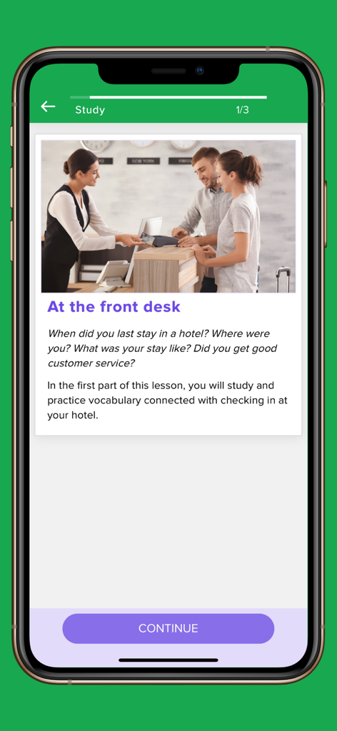 A hotel front desk vocabulary lesson screen in the Learn English Now app showing a receptionist and guests.