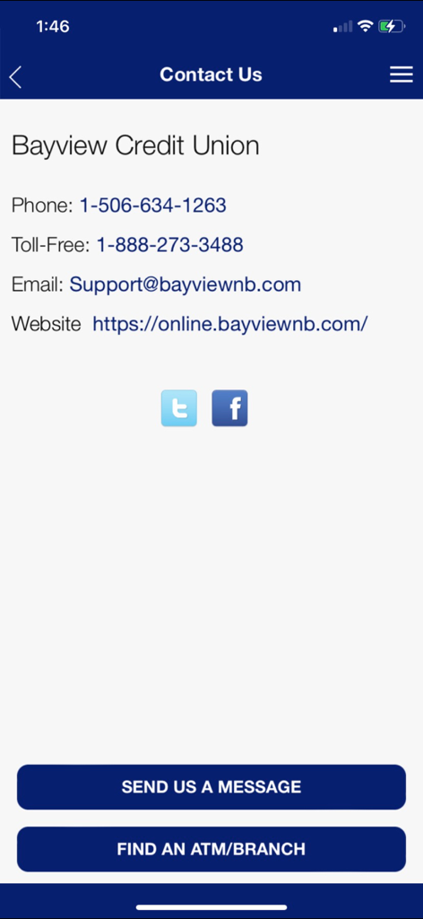 Bayview Credit Union - Kontaktseite der mobilen Banking-App von Bayview Credit Union