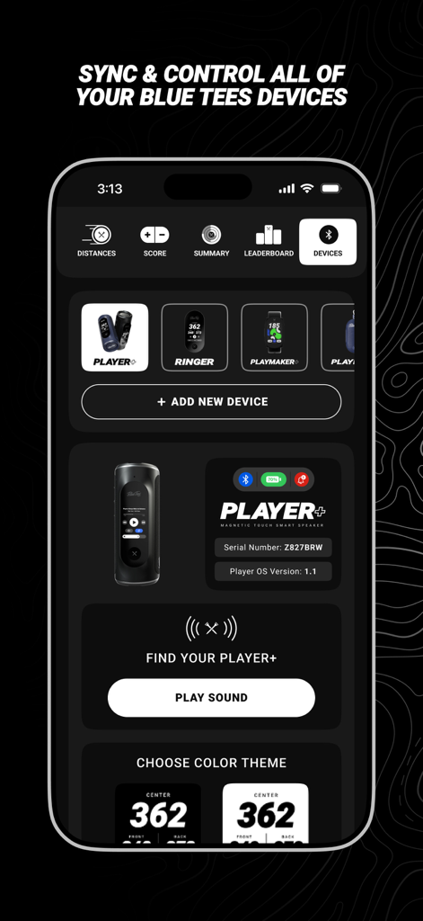 Oberfläche der Blue Tees GAME App, die synchronisierte Golf-Hardwaregeräte und Einstellungen für den Player Plus Lautsprecher anzeigt