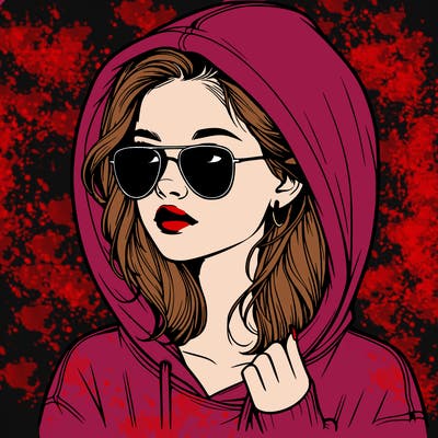 realistic teenage girl, wearing a hoodie and sunglasses