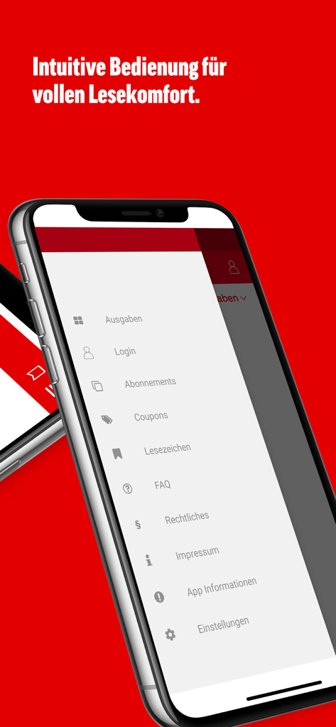 SonntagsBlick E-Paper app navigation menu displaying user settings and account options on a smartphone