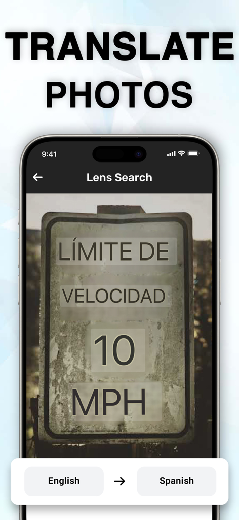 Ein Smartphone-Bildschirm mit der Lens Scan App, die ein spanisches Straßenschild mithilfe von KI-visueller Suche ins Englische übersetzt.