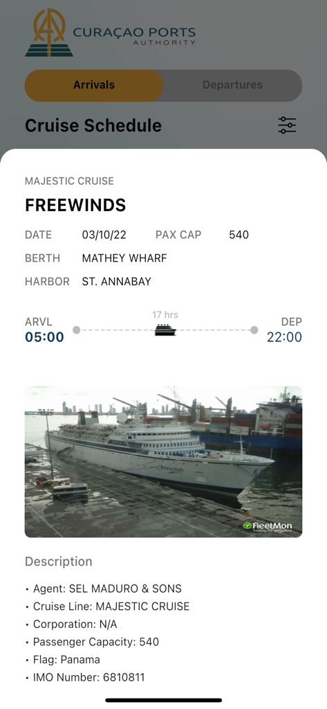CPA Cruise - Ship arrival schedule and vessel information on the CPA Cruise app