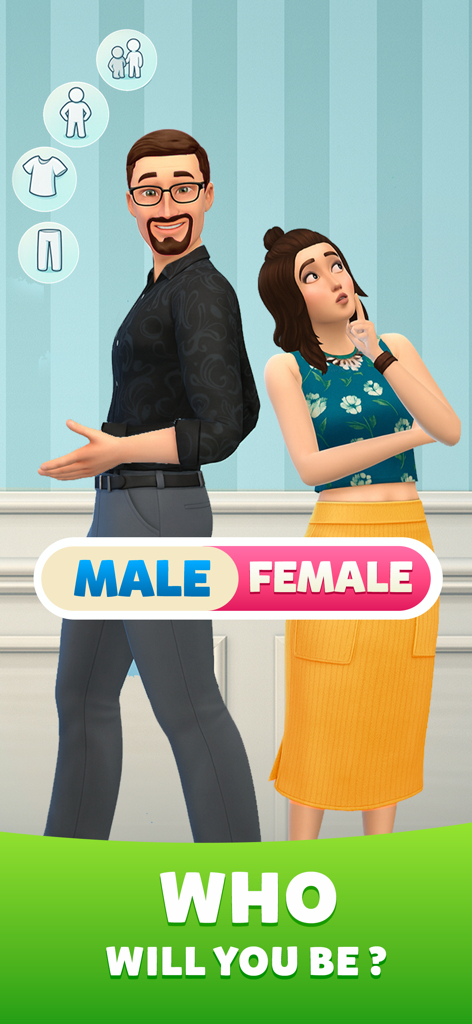 Pantalla de selección de personajes en Life Sim 3D mostrando opciones de avatares masculinos y femeninos con el texto ¿Quién serás?