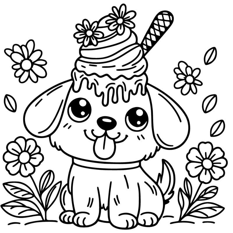 dog with ice cream on his head and flowers