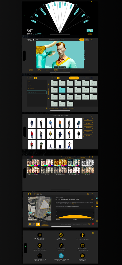 Screenshots of the Artemis Director's Viewfinder app interface showing filmmaking tools like lens simulation and location scouting