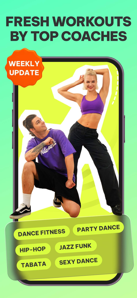 Dancefitme app screen featuring professional coaches and dance workout styles like Hip-Hop and Tabata