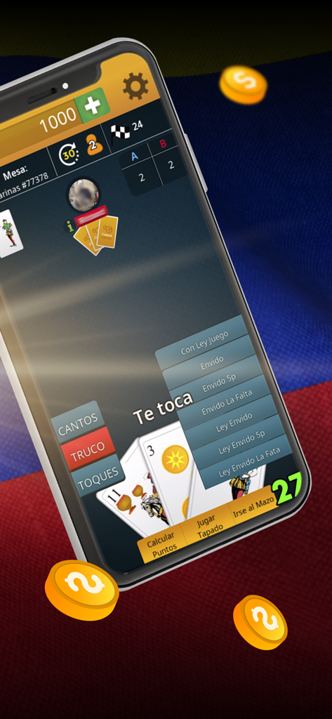 Truco Venezolano - Gameplay screen of Truco Venezolano mobile app showing Spanish cards and game controls