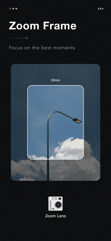 Interface de l'application Fomz démontrant la fonctionnalité de cadre de zoom 50 mm sur une photo style vintage d'un lampadaire