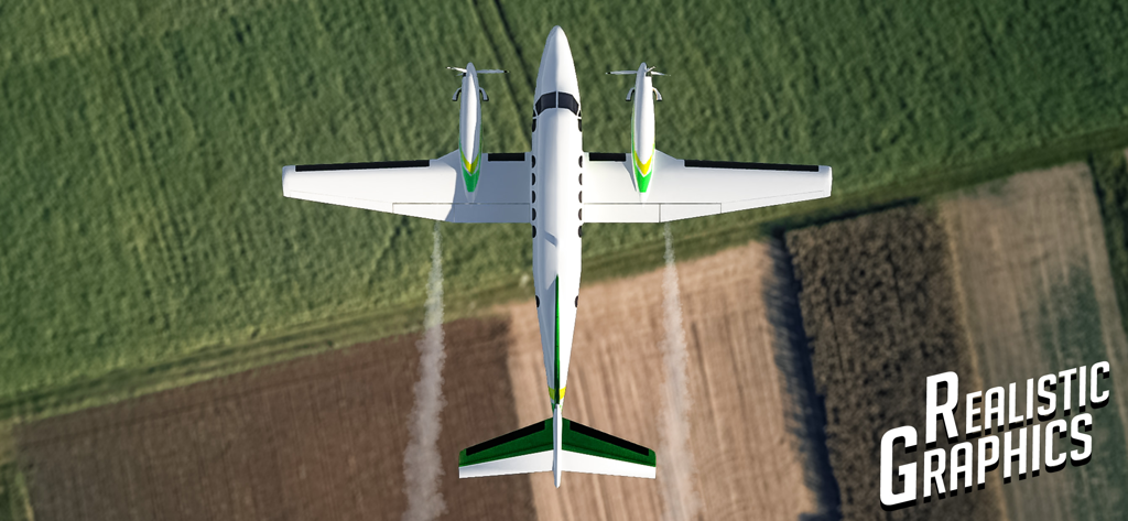 Plane Simulator: Plane Games - Top-down view of a white and green airplane flying over agricultural fields in a flight simulator game.