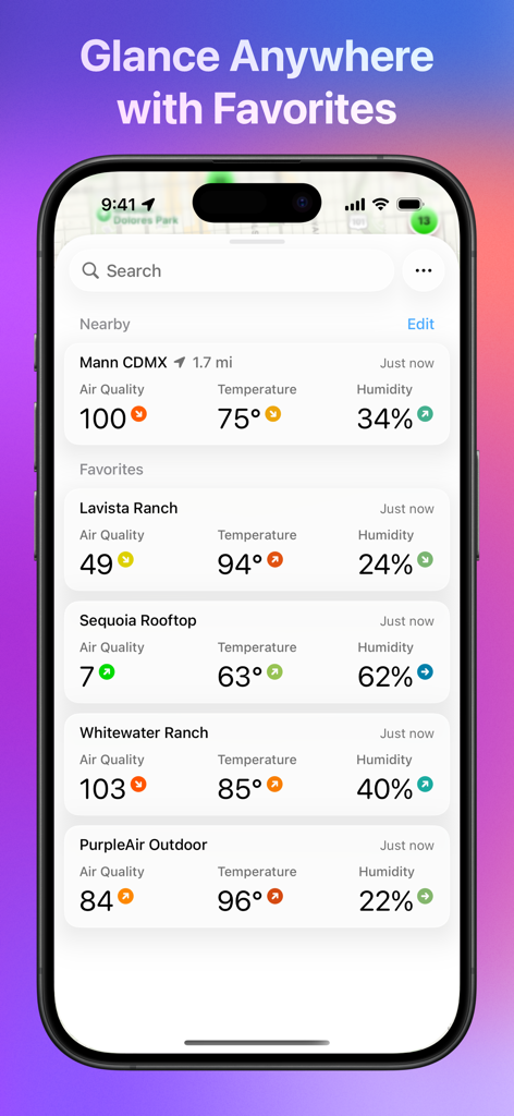 Paku for PurpleAir - Pantalla del iPhone que muestra el índice de calidad del aire, la temperatura y la humedad de múltiples ubicaciones favoritas en la aplicación Paku