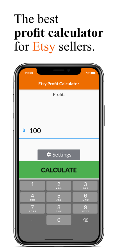 E-Profit Calculator - Etsy profit calculator app interface on a smartphone screen showing a calculation field and numeric keypad.