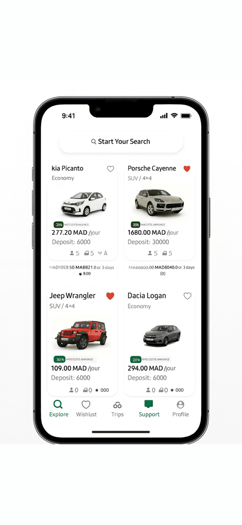 Cardnd app interface showing car rental listings with prices and deposits for travelers in Morocco