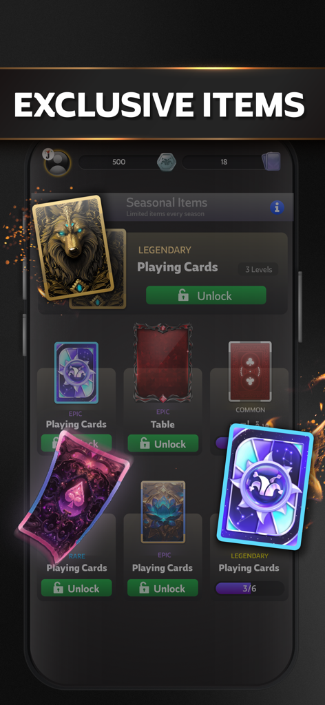 Jawaker: Games & Friends - Jawaker game screen featuring exclusive legendary playing cards and table designs for players to unlock.