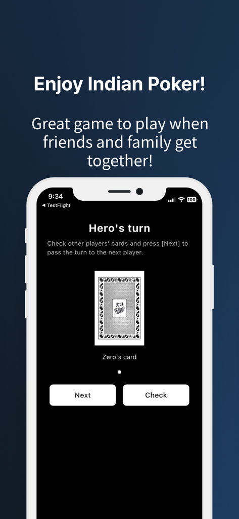 Interfaz de la aplicación móvil Indian Poker que muestra el juego por turnos para reuniones de amigos y familiares.