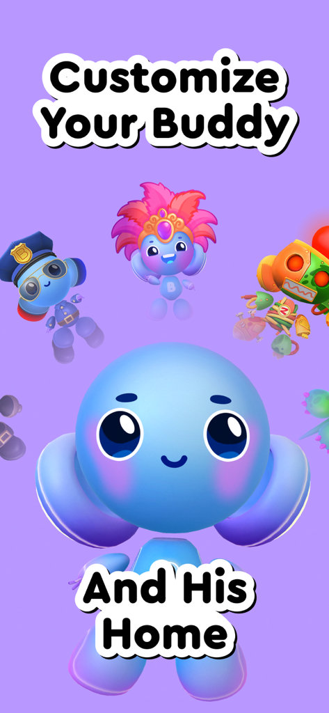 Buddy.ai: Kids Learning Games - Buddy the AI teacher robot with different customizable outfits including a police officer and a carnival dancer
