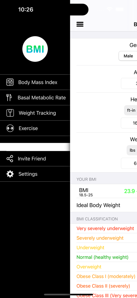 Interfaz de la aplicación móvil que muestra los resultados del cálculo del IMC y el menú de navegación lateral