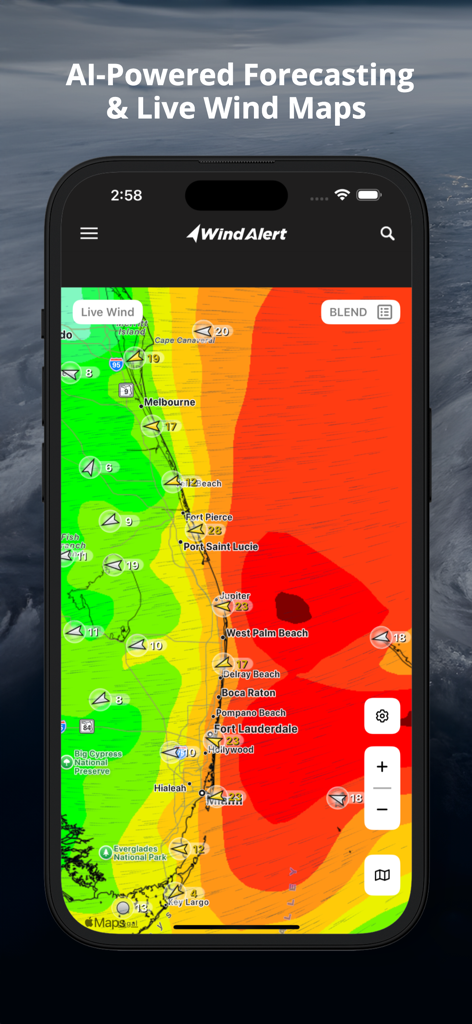 WindAlert: Wind & Weather Map - WindAlert app displaying a live wind map and AI forecasting for the Florida coast