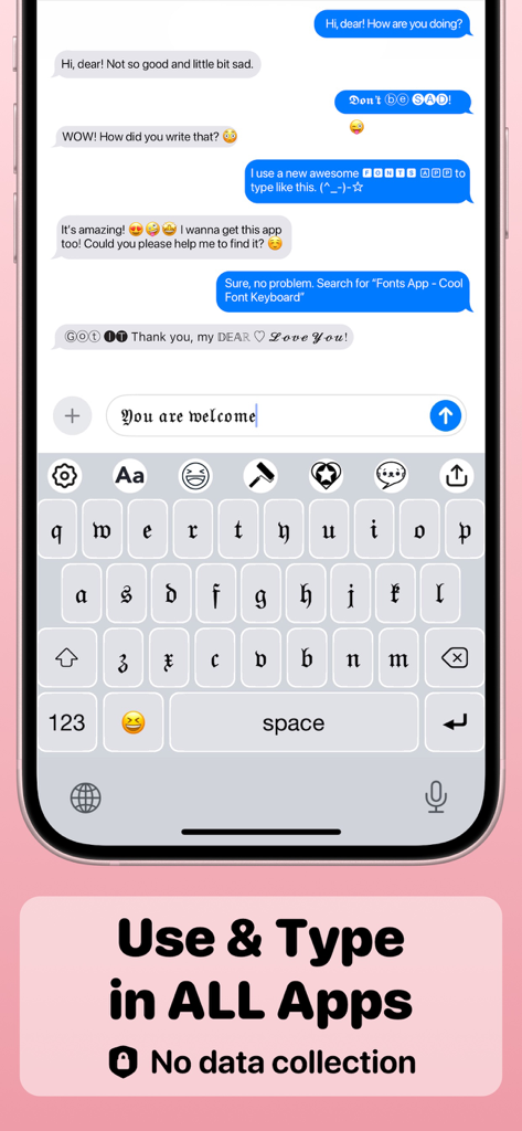 Fonts App - Cool Font Keyboard - Mobile phone screen showing stylish gothic fonts in a chat message
