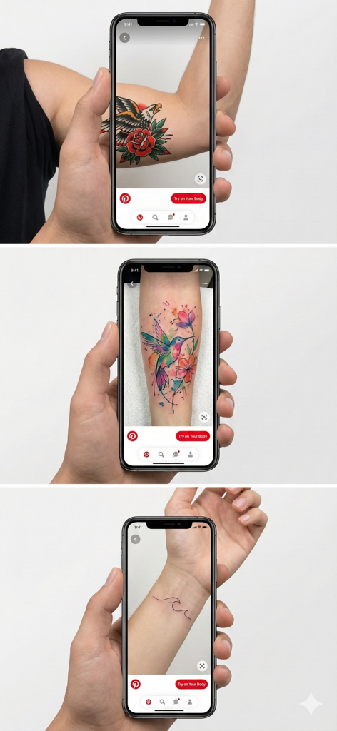İnkscape & Pinterest Tattoo - Three smartphone screens showing realistic virtual tattoo designs on different body parts using the Inkscape and Pinterest Tattoo app