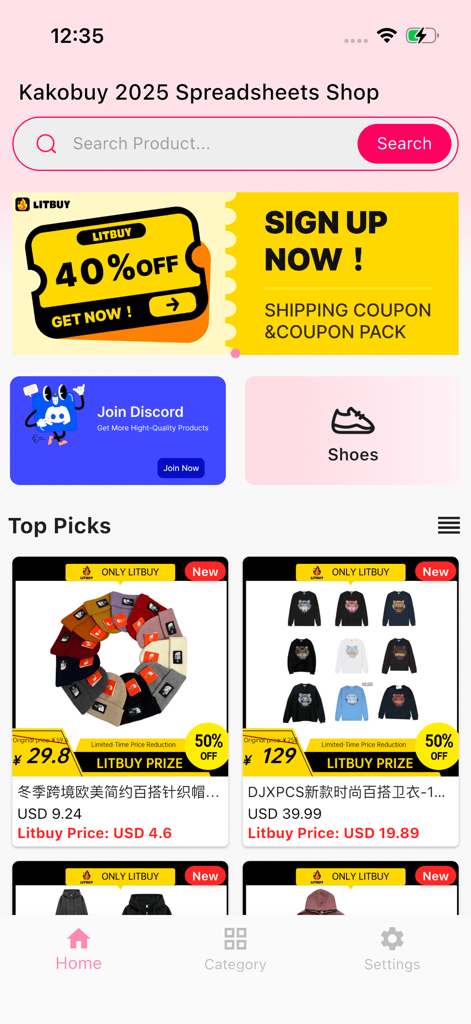 Kakobuy Sheets - Home screen of Kakobuy Sheets app featuring curated streetwear and shopping deals.