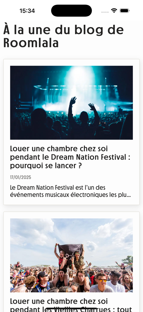 Roomlala app blog section featuring articles about renting rooms during music festivals