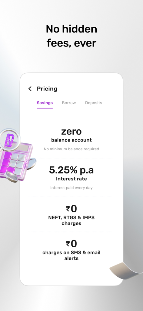 Slice mobile app pricing screen showing zero balance savings account benefits and interest rates