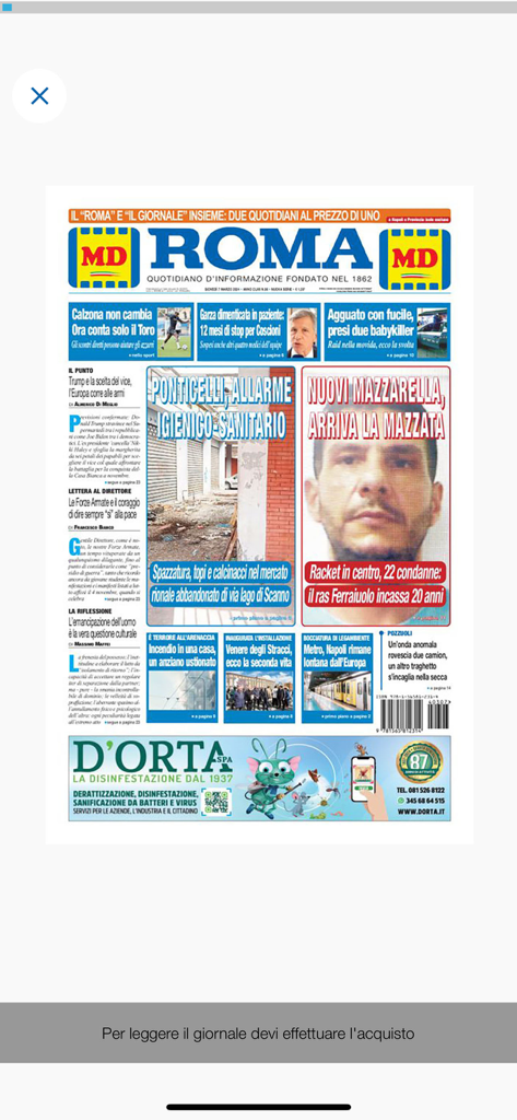 Roma edicola digitale - Front page of Il Roma newspaper in the digital newsstand app showing local news from Naples