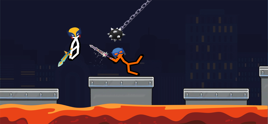 Stickman Warriors: Fight Games - Two stickman characters in hero costumes fighting with glowing swords on platforms above a pool of lava