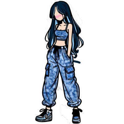 girl in baggy pants crop top and long hair