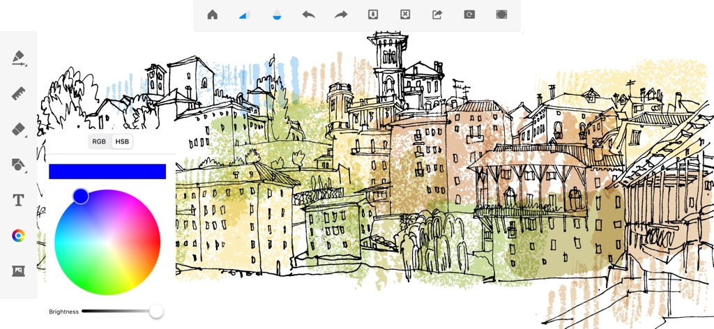 Drawing ▫ - Esboço digital de uma cidade com uma roda de cores e ferramentas de desenho.