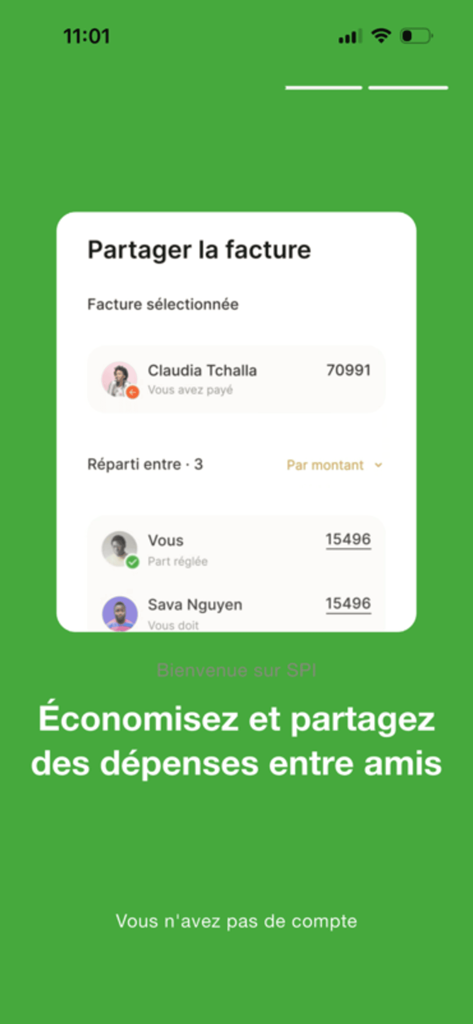 A mobile interface from the BDM-PI app showing the bill sharing and expense splitting feature among contacts.