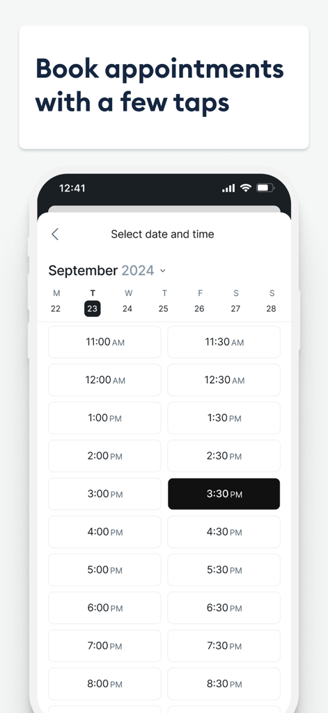 Setmore Appointment Scheduling - 予約日時を選択するためのSetmoreアプリインターフェースを表示するスマートフォンの画面。