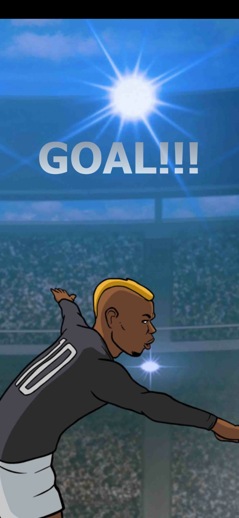 Football Tycoon - Cartoon soccer player with a blond mohawk celebrating a goal in a brightly lit stadium