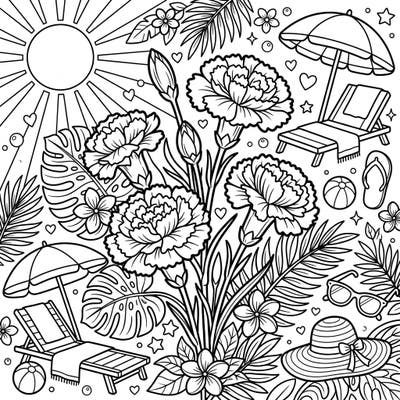 Embrace the warmth of summer with this intricate coloring page featuring beautiful carnation stems. This design combines lush floral details with cheerful beach-day elements, promising a relaxing and engaging artistic escape.