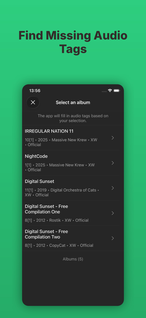 Evertag: Music Tag Editor - Evertag app interface for finding missing audio tags by selecting an album