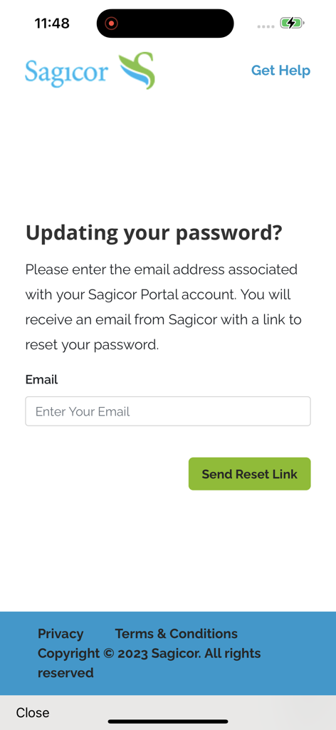 Sagicor Go password reset screen