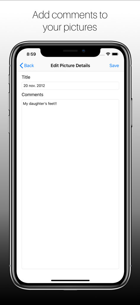 My Family Pictures - iPhone screen displaying the My Family Pictures app with fields to add a title and personal comments to a family photograph