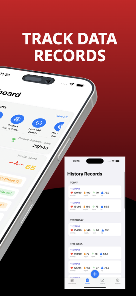 Blood Pressure Log – HealthLog - Screenshots of the HealthLog app displaying a dashboard with health scores and a list of historical blood pressure and glucose records