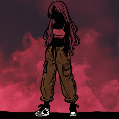 girl in baggy pants crop top and long hair