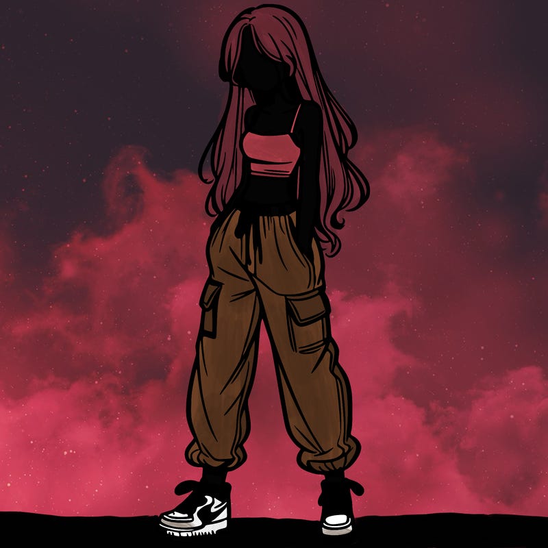 girl in baggy pants crop top and long hair