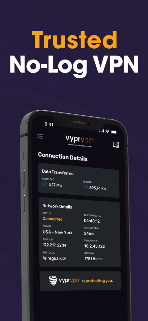 VyprVPN iPhone 인터페이스에 미국 보안 서버의 연결 상태 및 세부 정보 표시