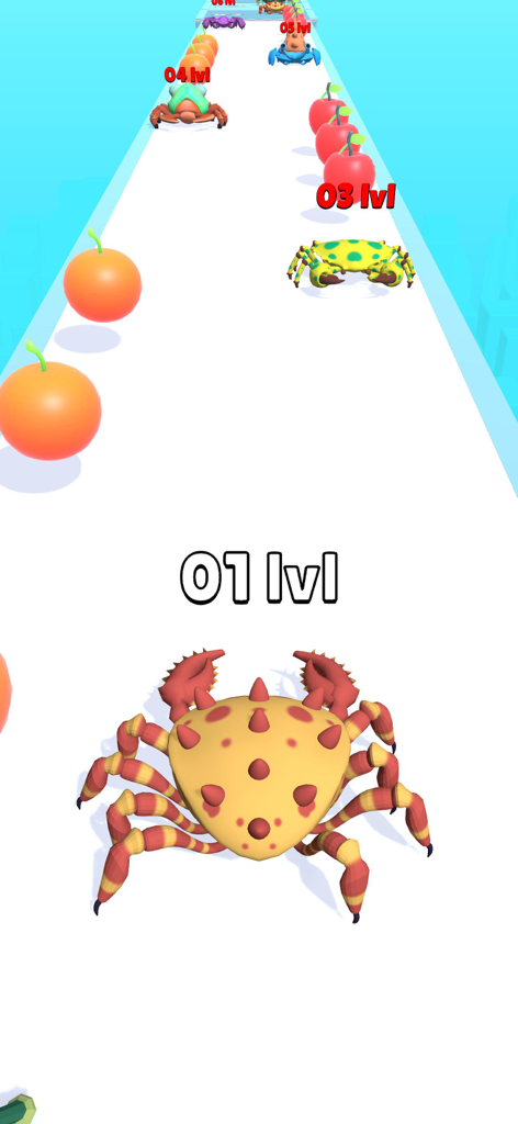 Crab Evolution Run - A level one spiky crab on a running track with food and higher level opponents in Crab Evolution Run