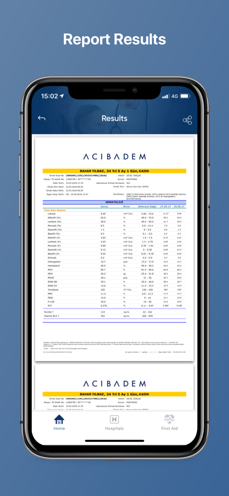 Captura de pantalla de la aplicación Acibadem mostrando un informe de resultados de laboratorio de un paciente