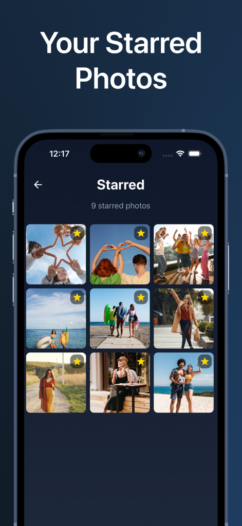 Storage Guru: Phone Cleaner - A grid of curated favorite photos marked with yellow star icons in the Storage Guru app gallery