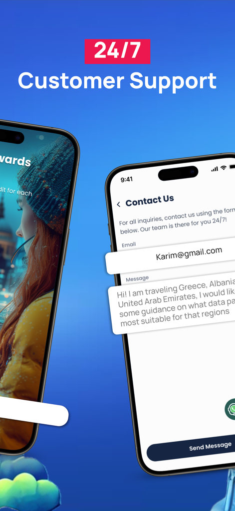 24時間年中無休のカスタマーサポート連絡フォームを表示するMonty eSIMアプリのインターフェース
