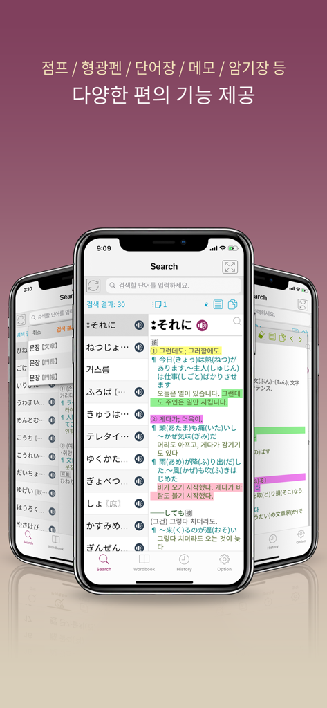 엣센스 일한일 사전 - JpKoJp DIC - Mobile interface of the Essence Japanese-Korean dictionary showing search results and text highlighting features